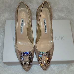 Manolo Blahnik Hangisi Champagne Lace 70 size 37.5